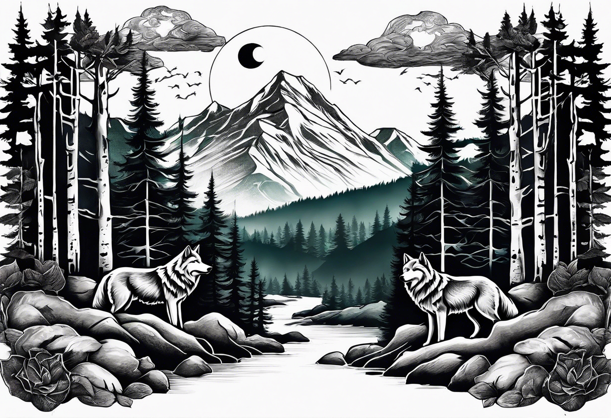 Half sleeve
Two wolves
Dark woods
Mountain peaks
Moon
Path tattoo idea