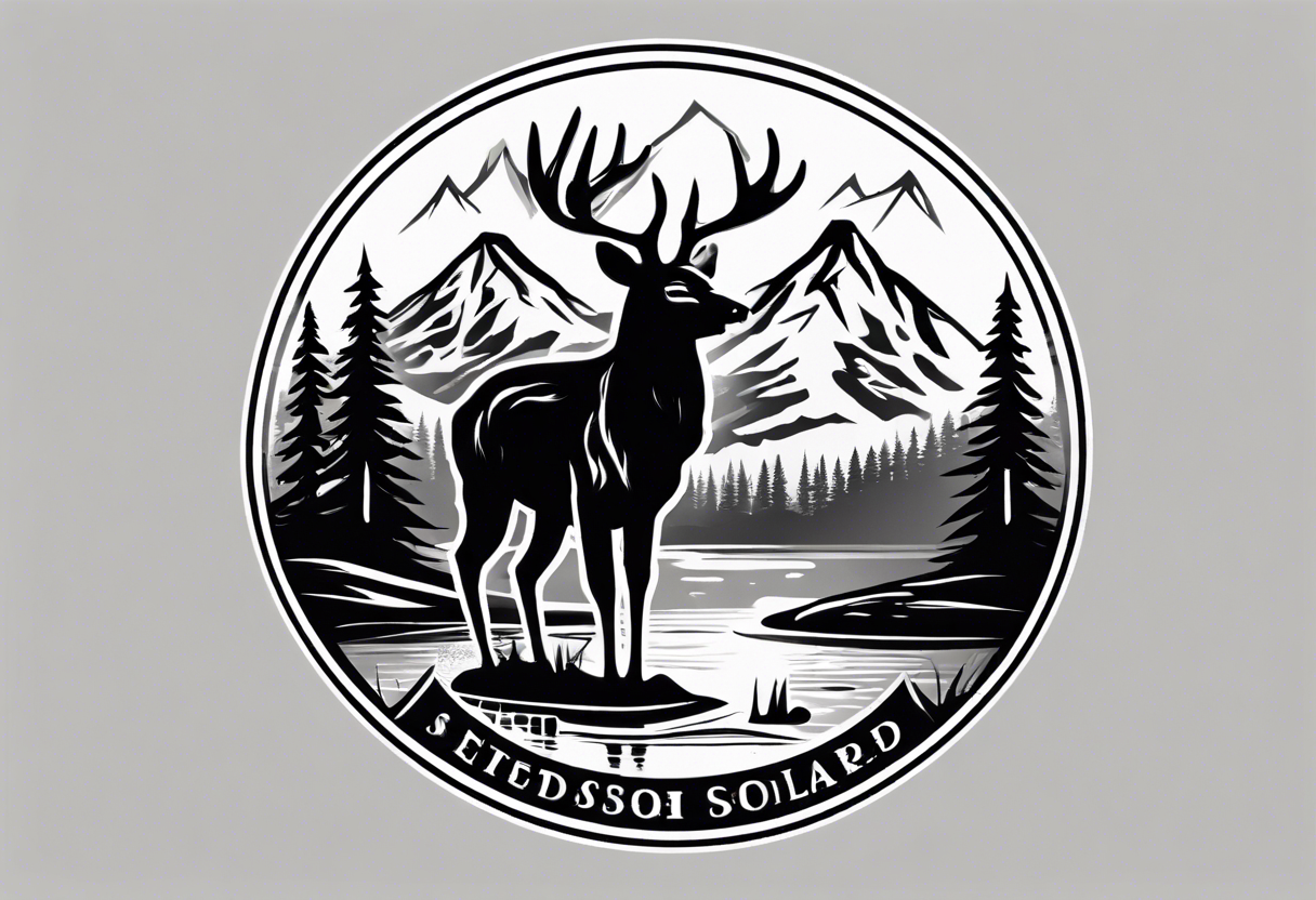 A logo for an outdoors company that includes an "S" and an "M". Includes a mountain, a lake, some trees, and a deer tattoo idea