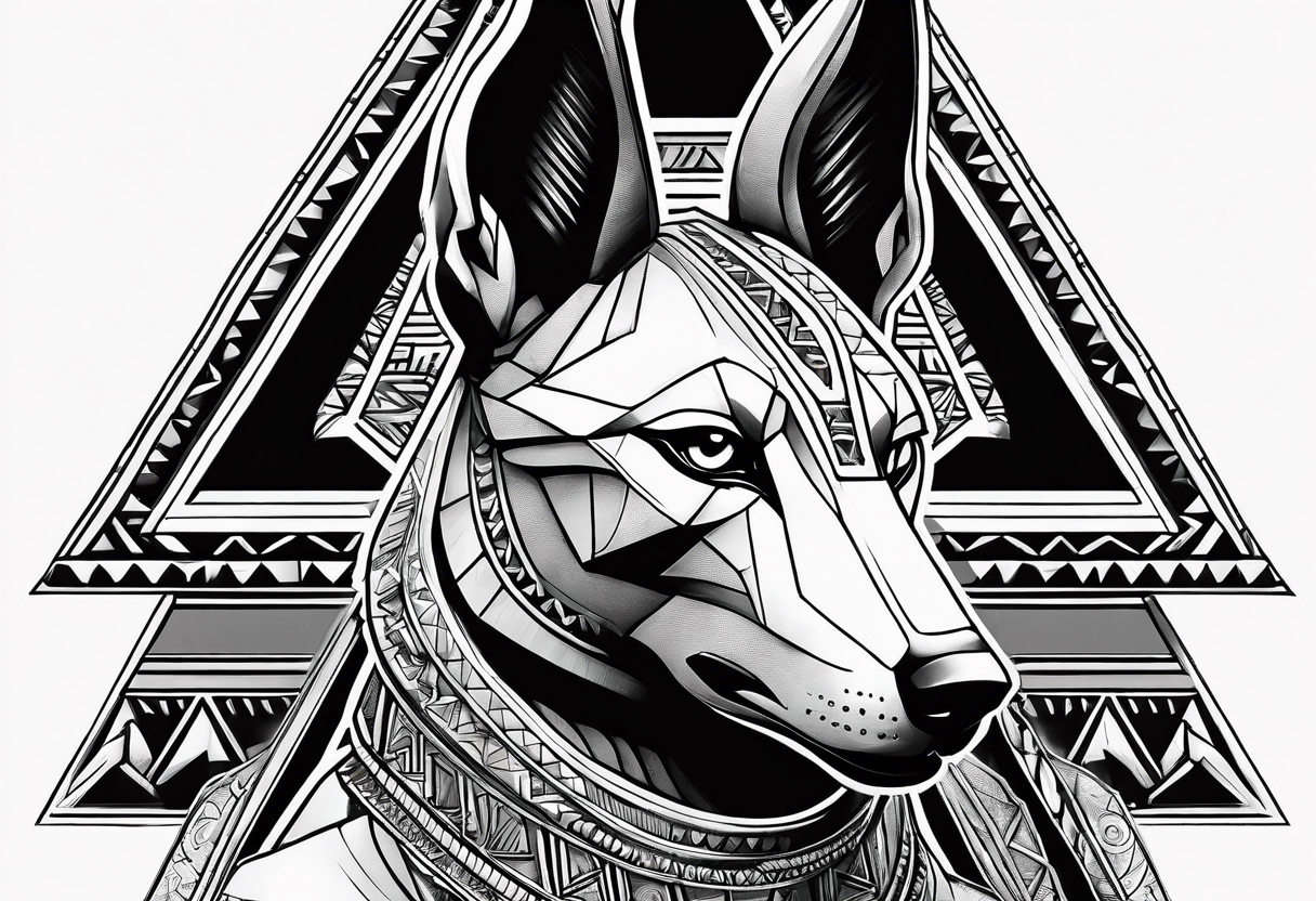 Strict Anubis portrait with pyramids on the background tattoo idea