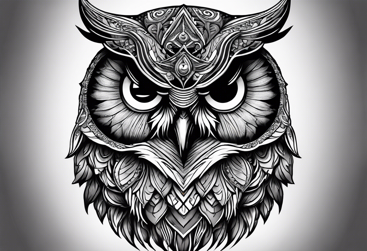 Documentary style portrait of an evil king owl, intricate details captured as if for a magazine cover, embodying the essence of a captivating tattoo design tattoo idea