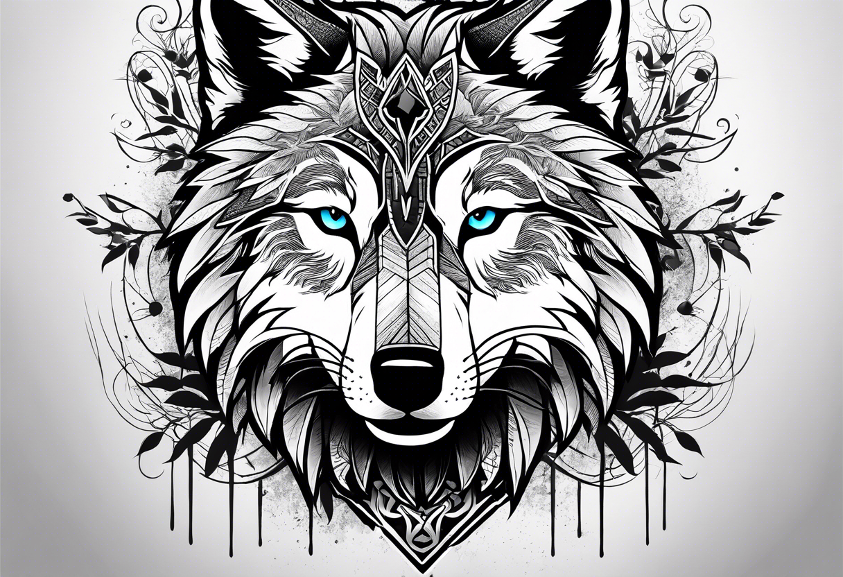 Halbes Gesicht eines Wolfes
Mit Keltischen Zeichen
Im Hintergrund Wald und Berge
Fenrir tattoo idea