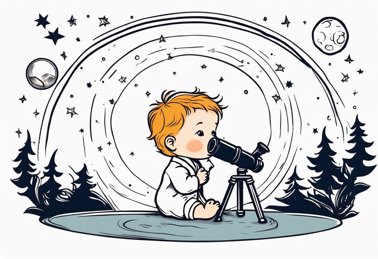 Small baby in a lab coat looking up at the stars through a telescope tattoo idea