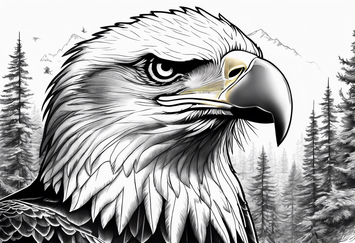 Bald eagle head with forest scenery and compass tattoo idea