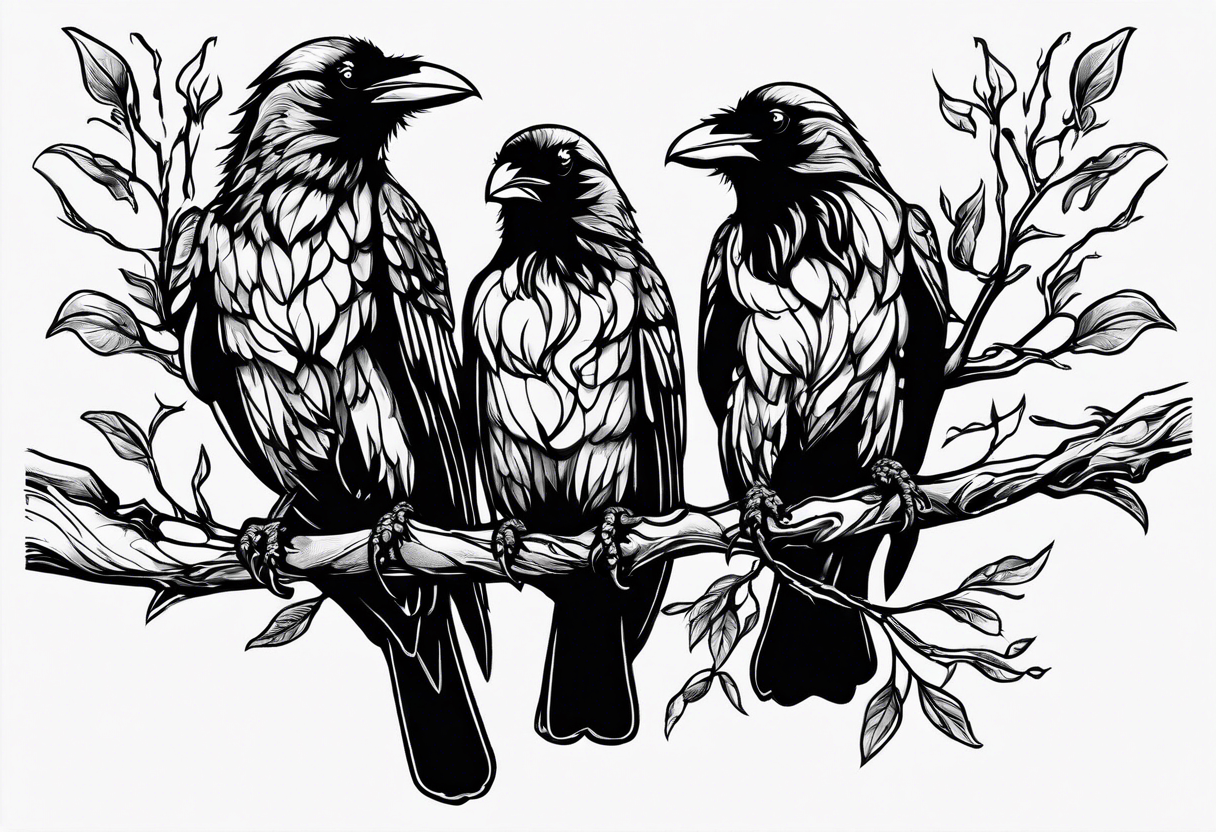 The words Why so serious? With 3 small ravens on a branch tattoo idea