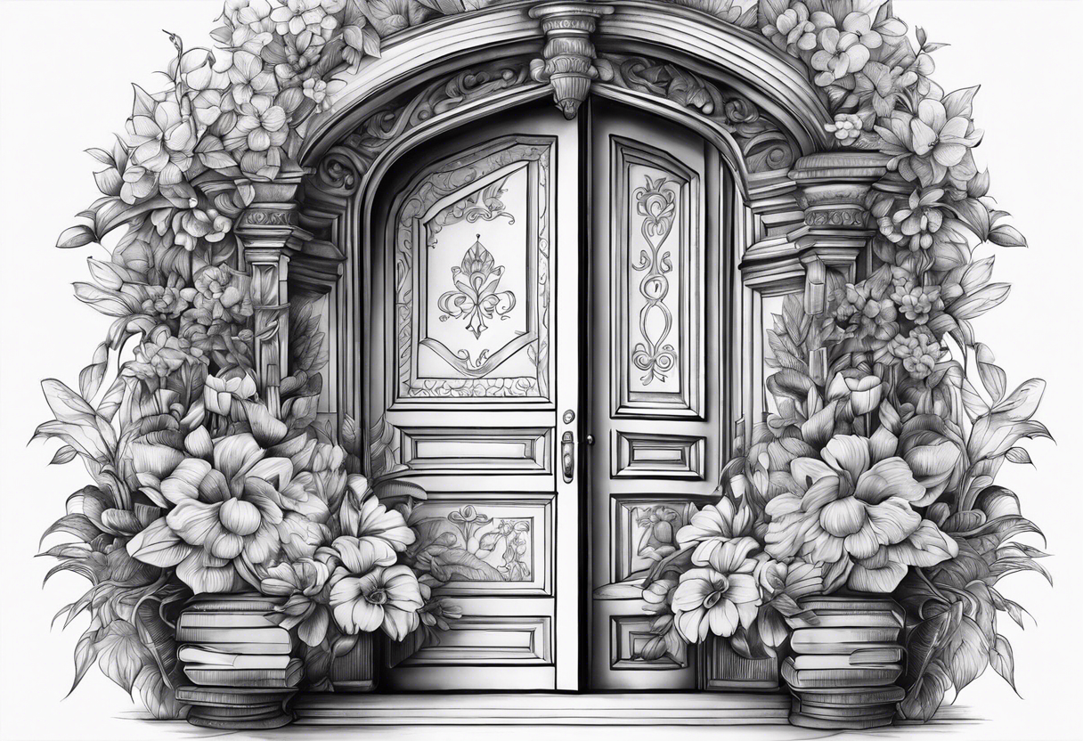 Door way stack of books flowers tattoo idea