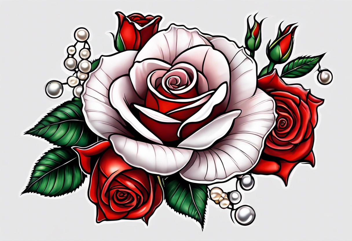 Red rose with a pearls and seashell dangling tattoo idea