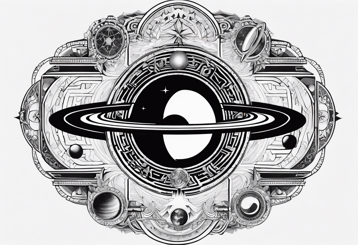 A tattoo with Saturn at the center surrounded by intricate linguistic symbols, reflecting the client's interests in cosmology and linguistics. tattoo idea