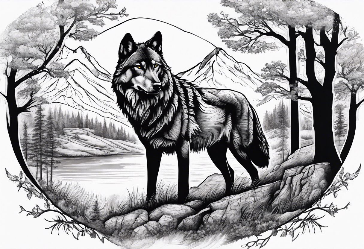 landscape with wolf and stag tattoo idea