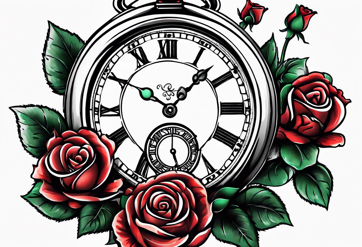 Pocket watch with train and roses tattoo idea