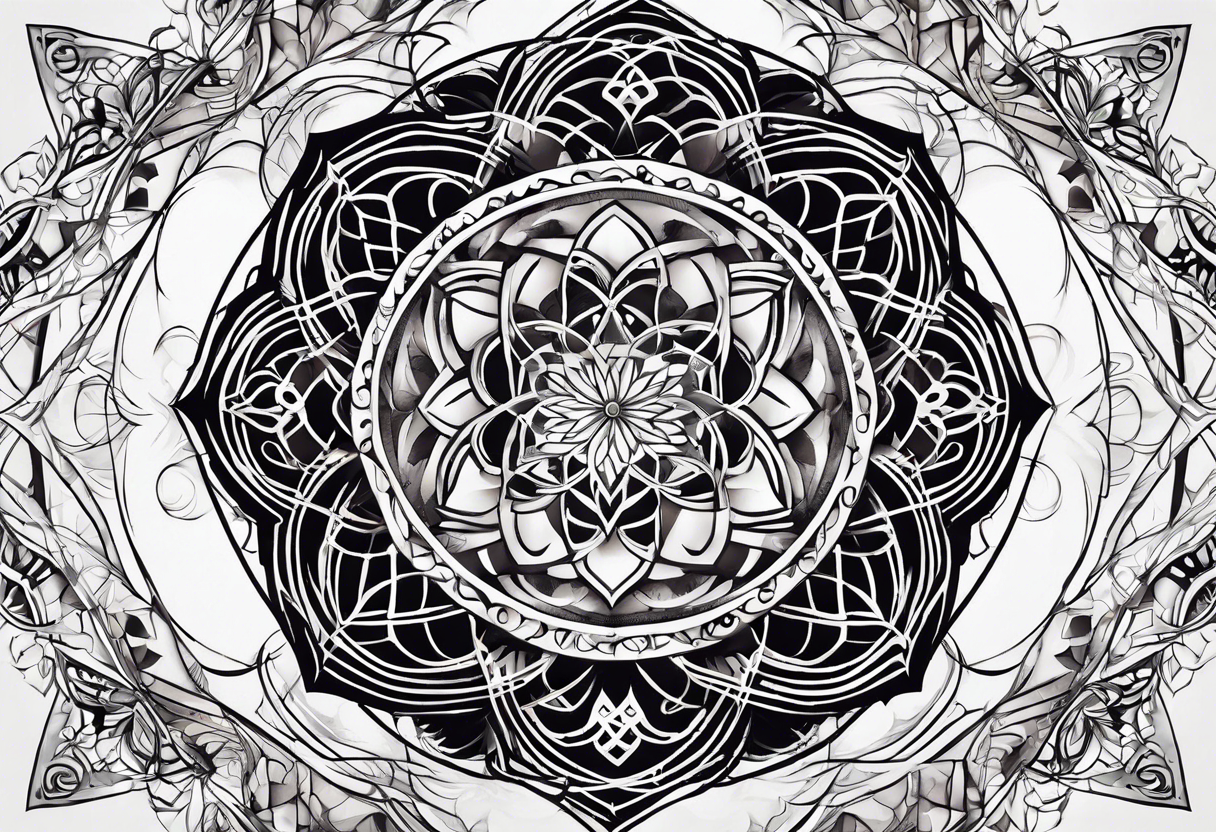 front knee tattoo with sacred geometry, swirls & washes, background tattoo idea