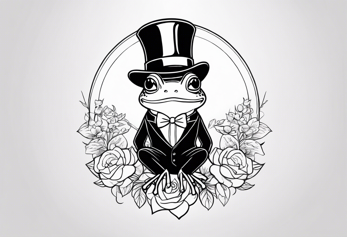 Cute Frog smiling wearing top hat and a suit standing on its Back legs while holding flowers tattoo idea