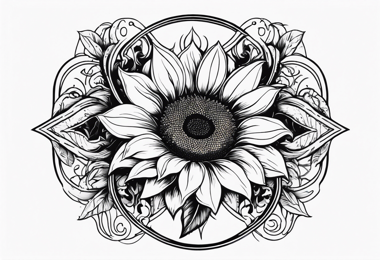 A steel horseshoe with a sunflower in the center tattoo idea