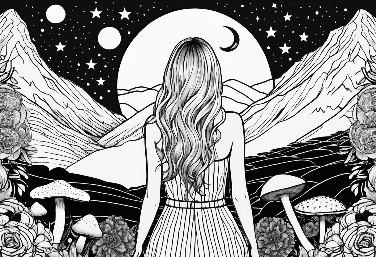 Straight blonde hair girl facing away toward mountains surrounded by mushrooms crescent moon mandala circular design black and white striped dress number 8 tattoo idea