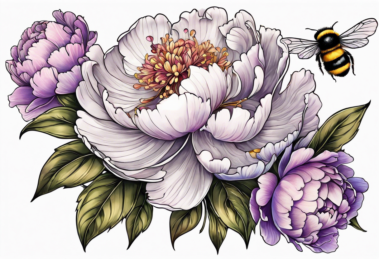 Vibrant peony with hydrangea and leaves and a bumblebee lilac flowers tattoo idea