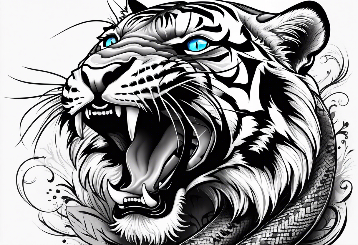 Tiger with blue eyes that turns into a snake tattoo idea