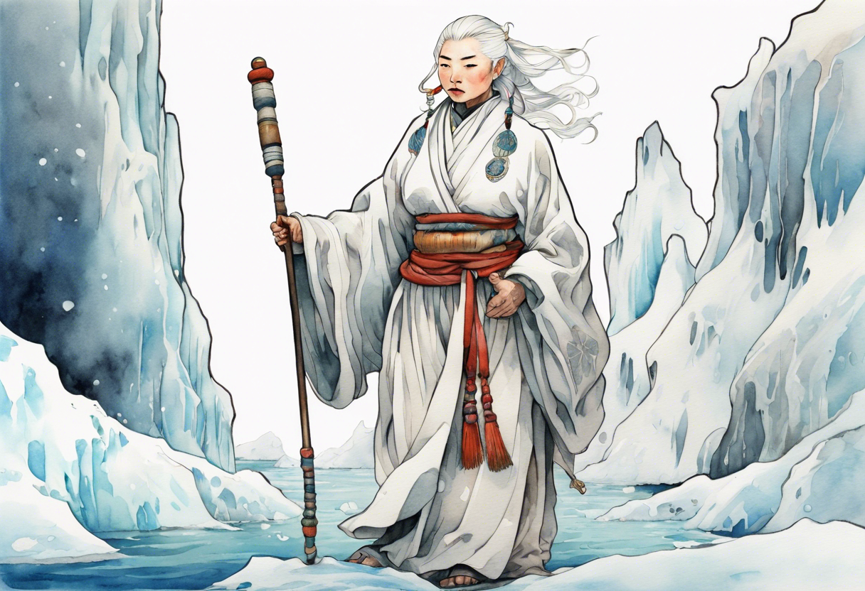 a 40 year old Sami woman with white hair and a white robe holding a white staff, standing on an iceberg tattoo idea