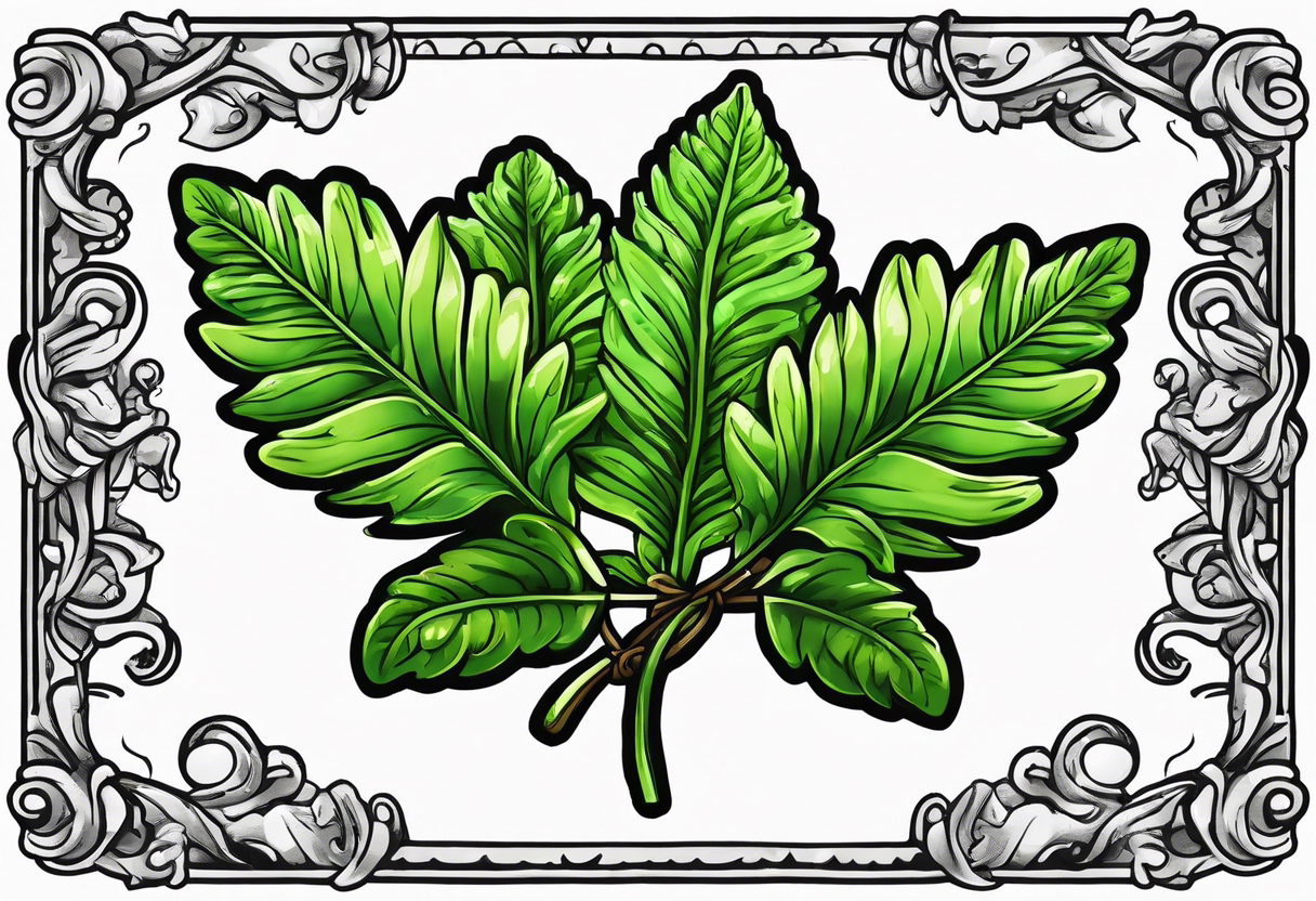 Fern leaf and basil leaf tied with a kawaii ribbon tattoo idea