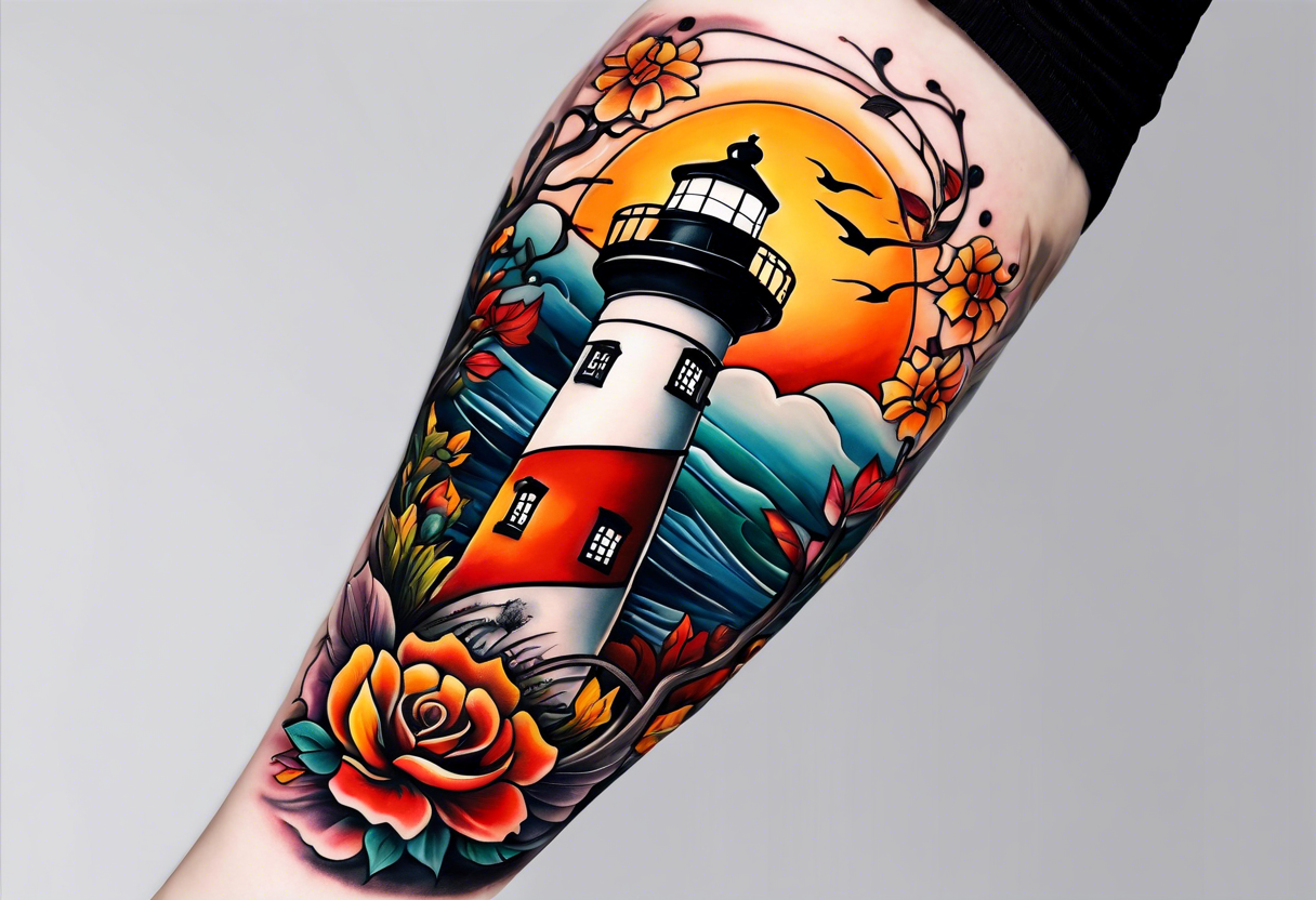 Arm sleeve with fall colors, various flowers, water flow, water splash, light house tattoo idea