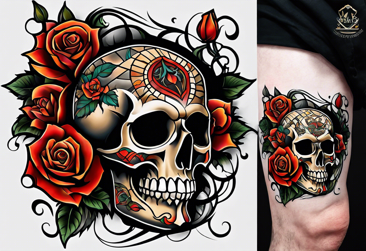 traditional Knee tattoo in fall colors showing a large skull with a rose in the style of Mark Mahoney tattoo idea