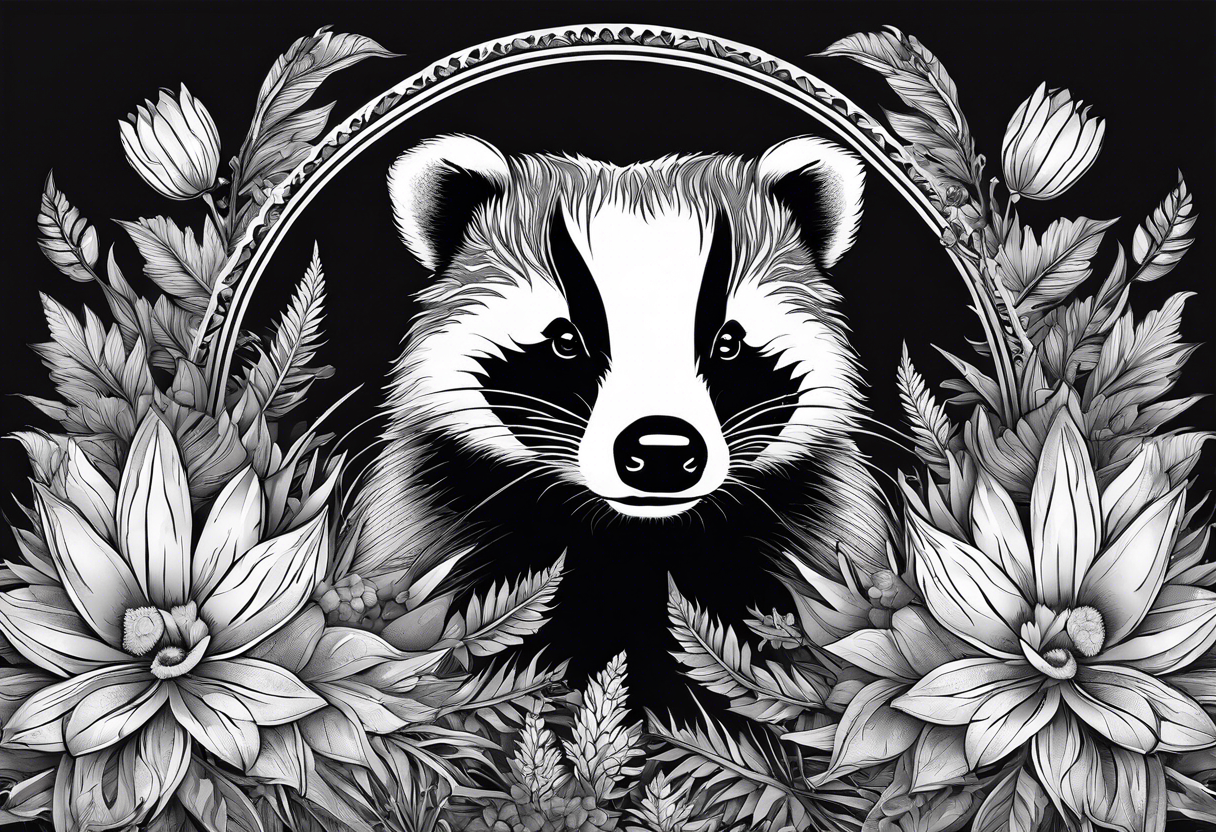 A badger with a cub in a field of flowers, including a cannabis leaf realistic in center and getting more trippy and black towards the edges Fractal patterns included tattoo idea