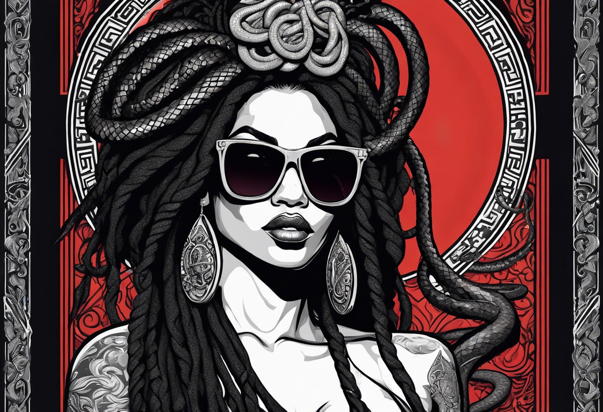 medusa as a beautiful black women with long black dreadlocks and one arm tattooed with snake skin and the other arm tattooed with marble, wearing large black sunglasses, streetwear tattoo idea