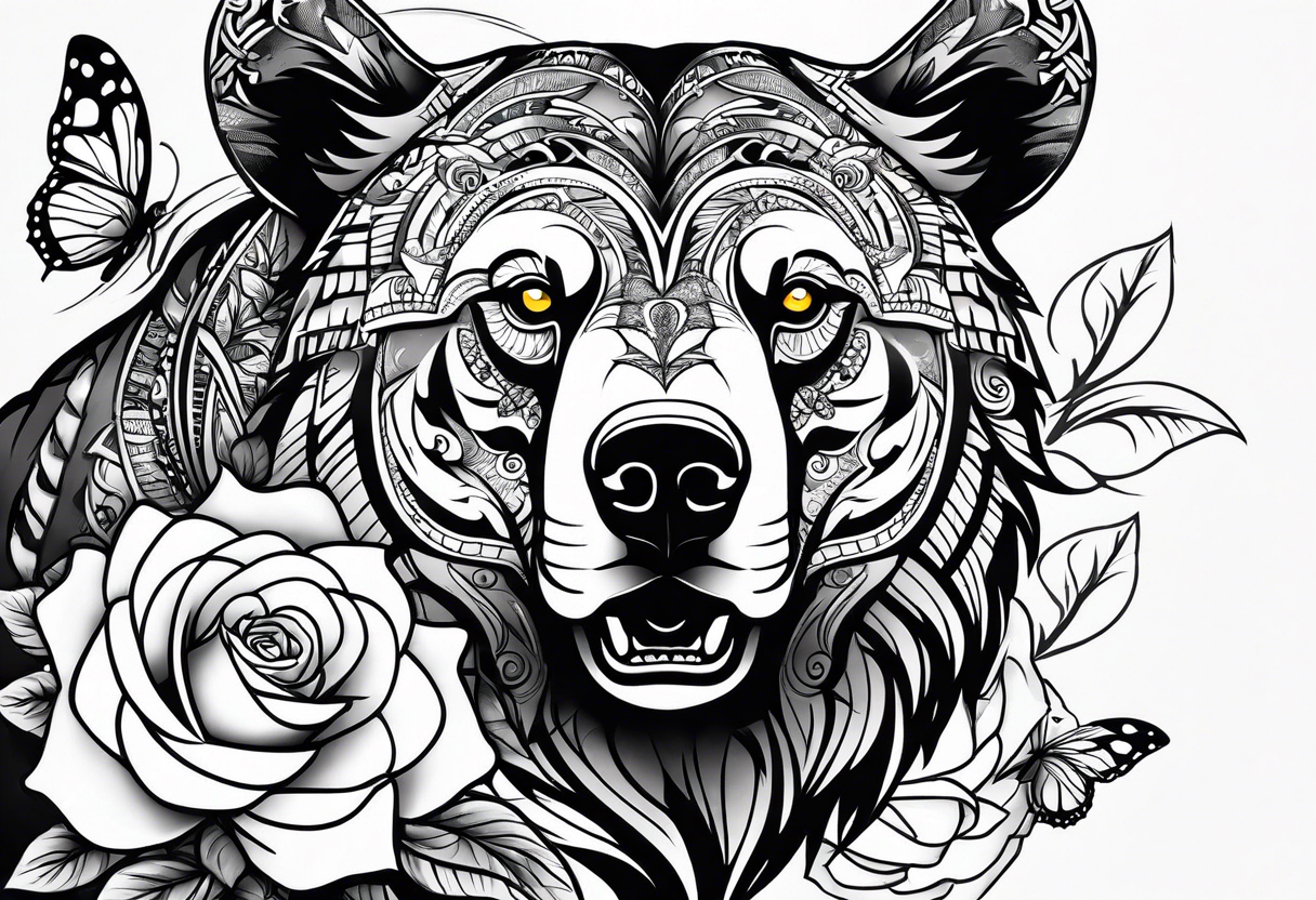 A tribal bear above the butterfly and yellow rose tattoo idea