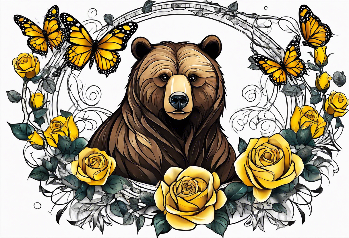 Bear under the tree of life with yellow roses and three butterflies for an upper arm tattoo. tattoo idea