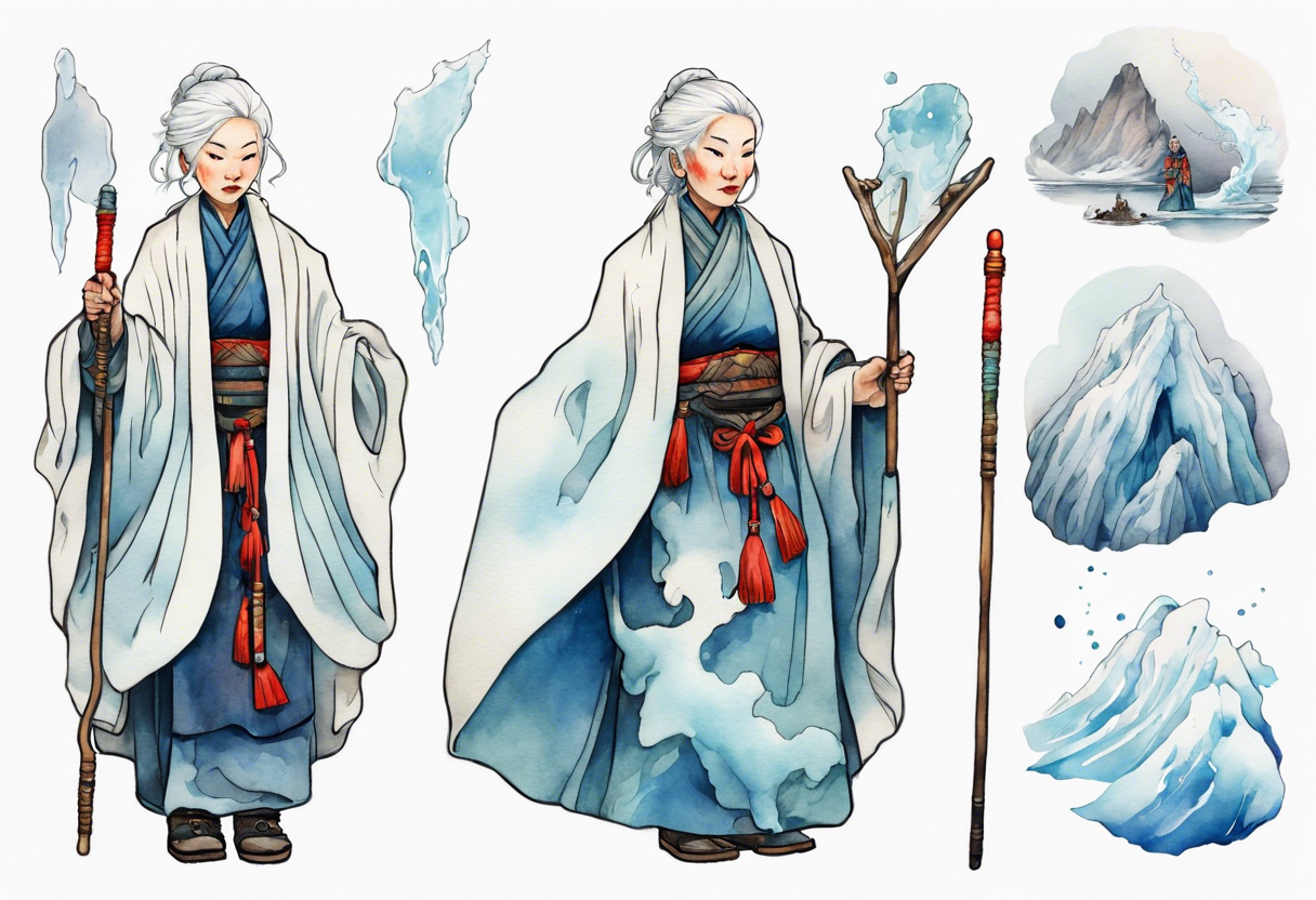 a 40 year old Sami woman with white hair and a white robe holding a white staff, standing on an iceberg tattoo idea