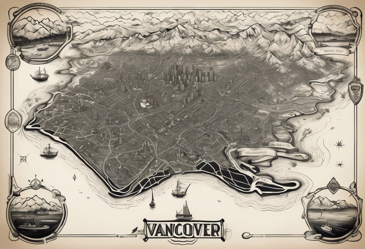 A overview old school map of vancouver B.C with water drop staining and major roadways highlighted with honeycomb tattoo idea