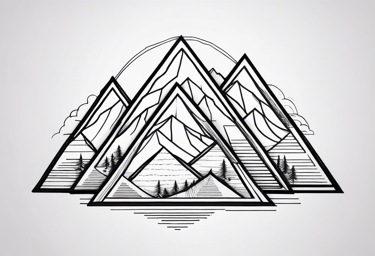 Black line tattoo with three different sizes triangles forming a mountain range with three trees tattoo idea