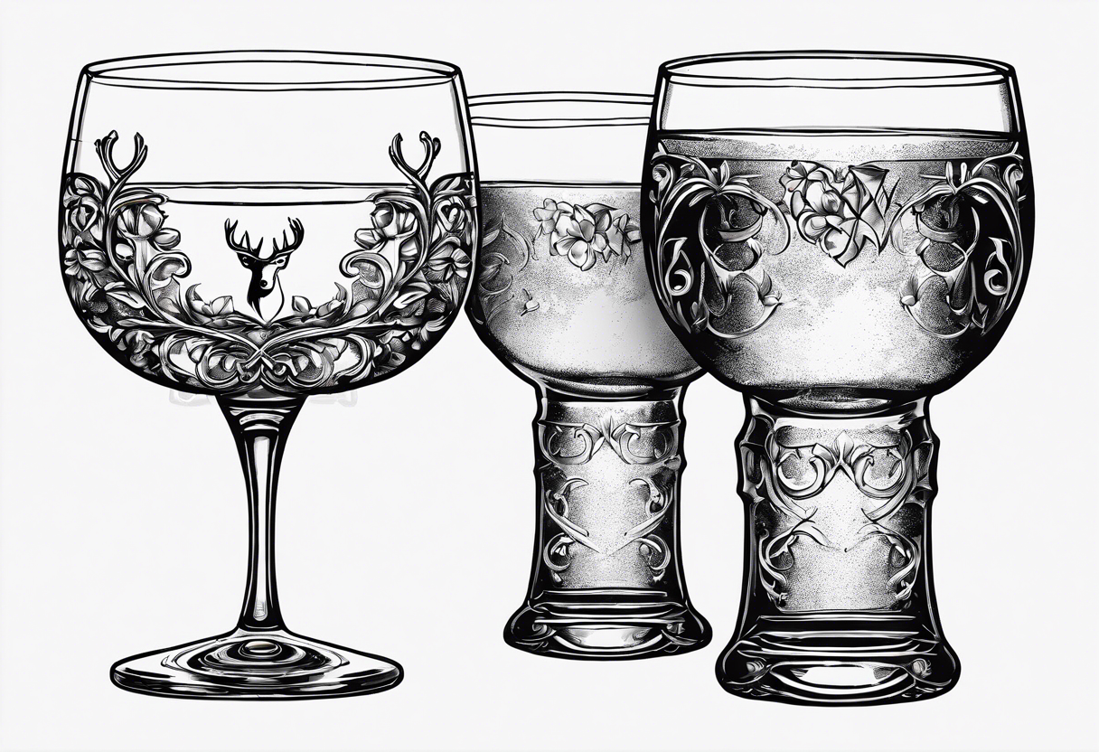 two glasses cheersing, one glass has a shamrock on it, the others a set of antlers tattoo idea