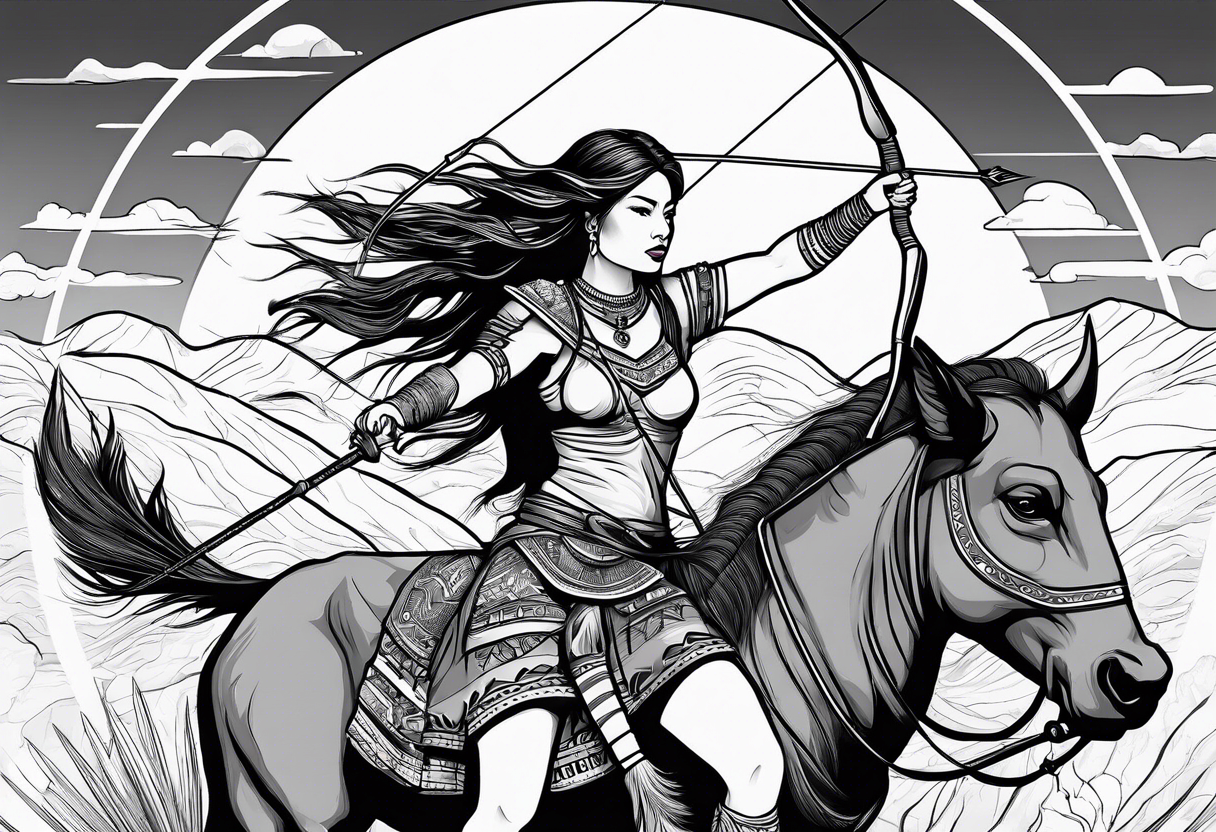 native woman female archer riding on buffalo tattoo idea