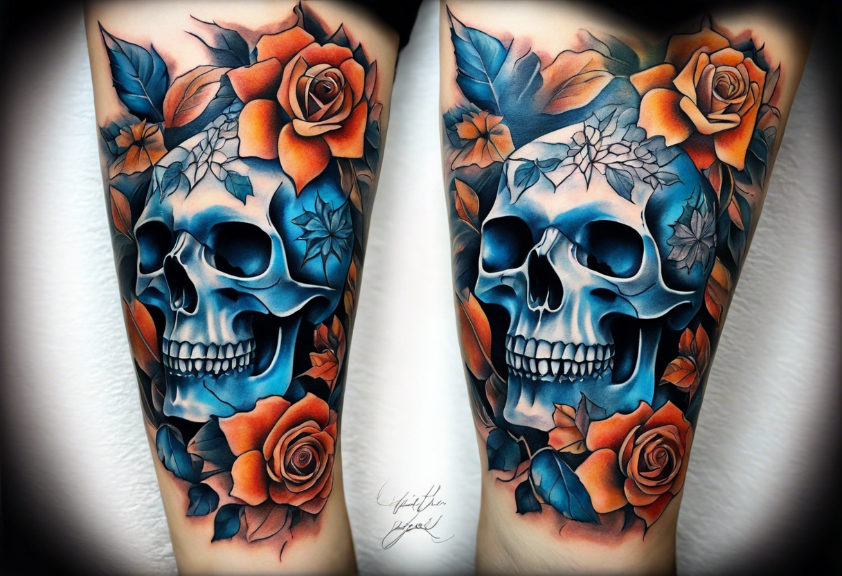 Front knee tattoo with fall colors, small flowers, rose, devil skull, leaves, blue water flows with washes and background tattoo idea