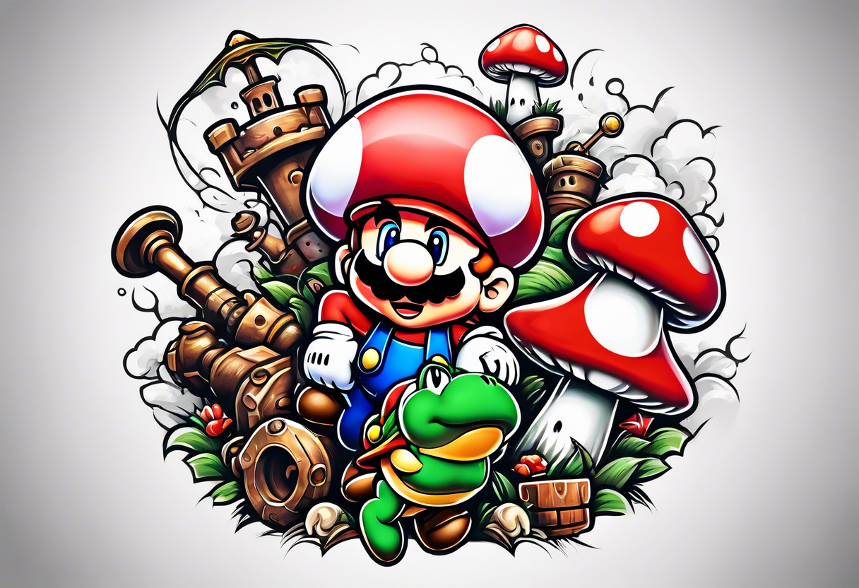 Mario brothers with toadstool and cannons and bombs tattoo idea