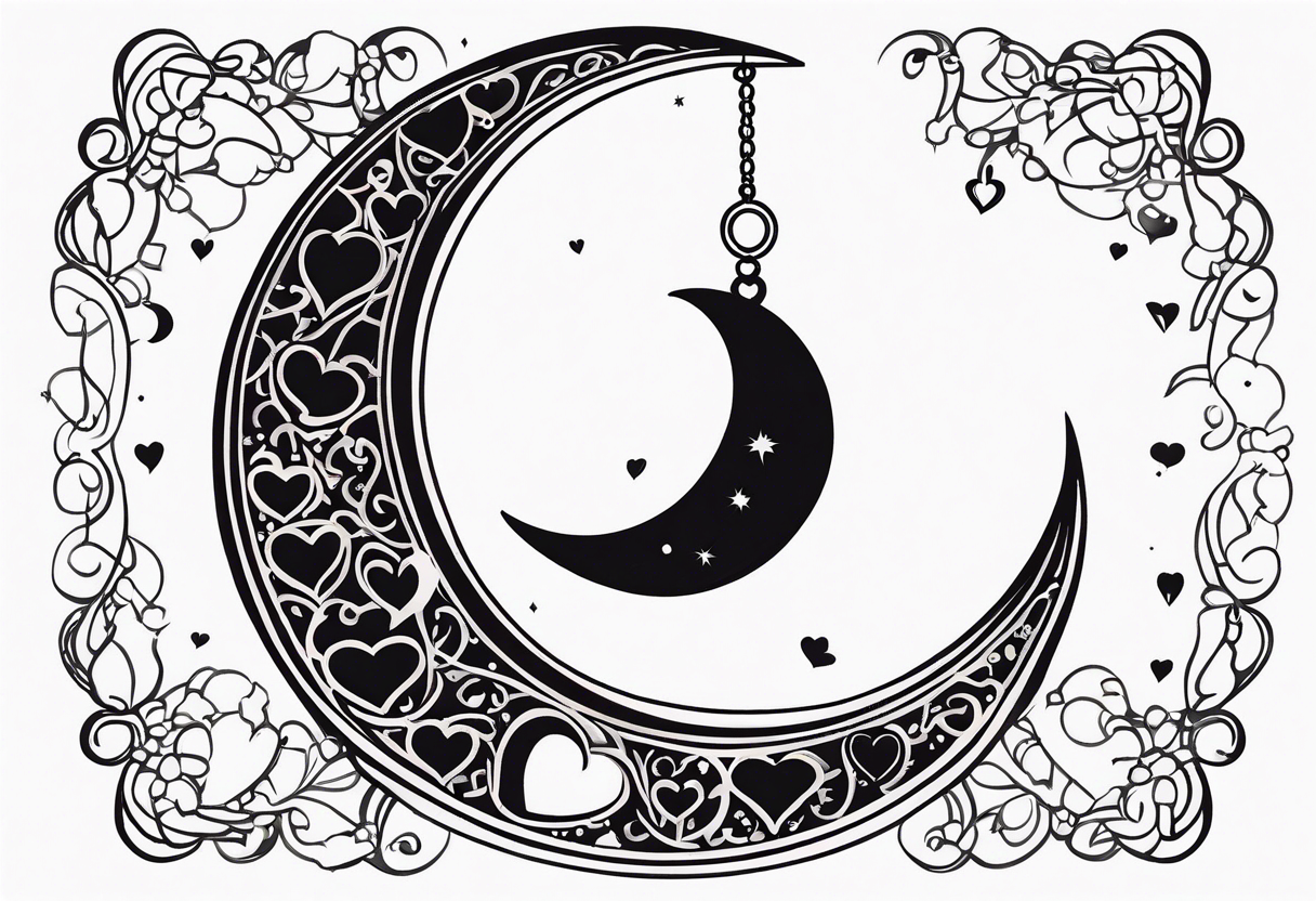 Crescent moon with heart shaped jewels dangling from the bottom of it tattoo idea