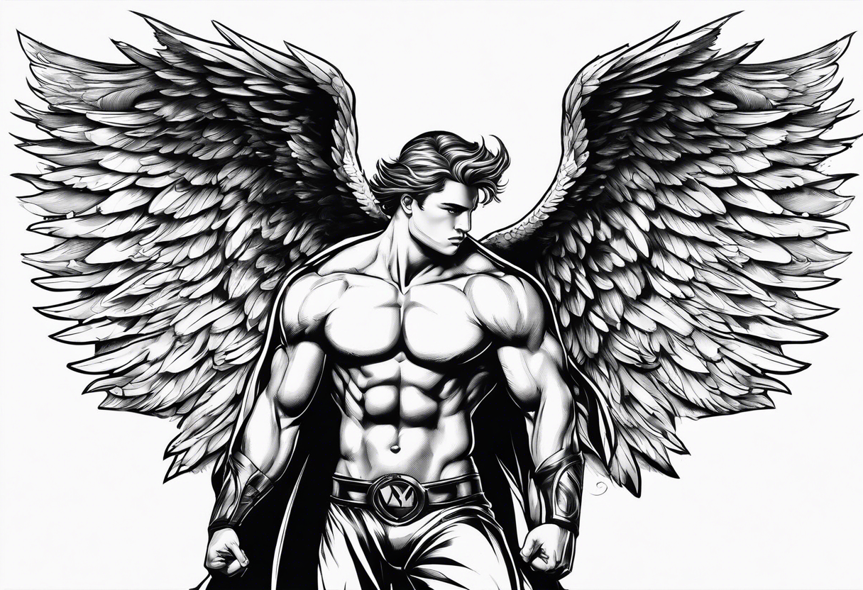 Angel in the pose of a superhero landing tattoo idea