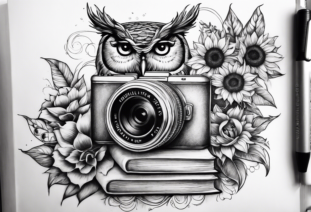 sunflower, camera, water wave, owl, book tattoo idea