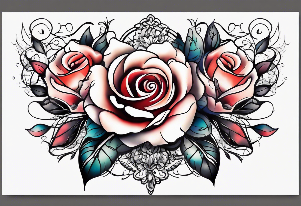 front knee tattoo based on Mike Rubendall with roses, water, flowers, background wash tattoo idea