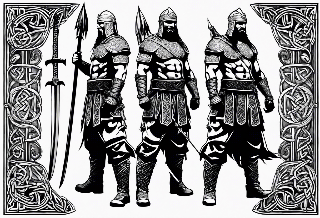 Full body side profile of Celtic warrior with weapons unsheathed tattoo idea