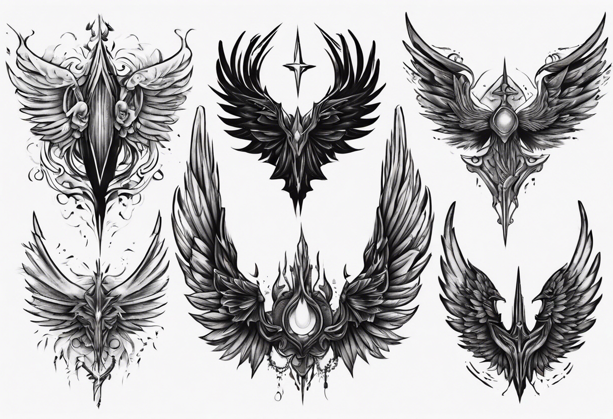 Black and white drawing of angel wings tattoo style on Craiyon