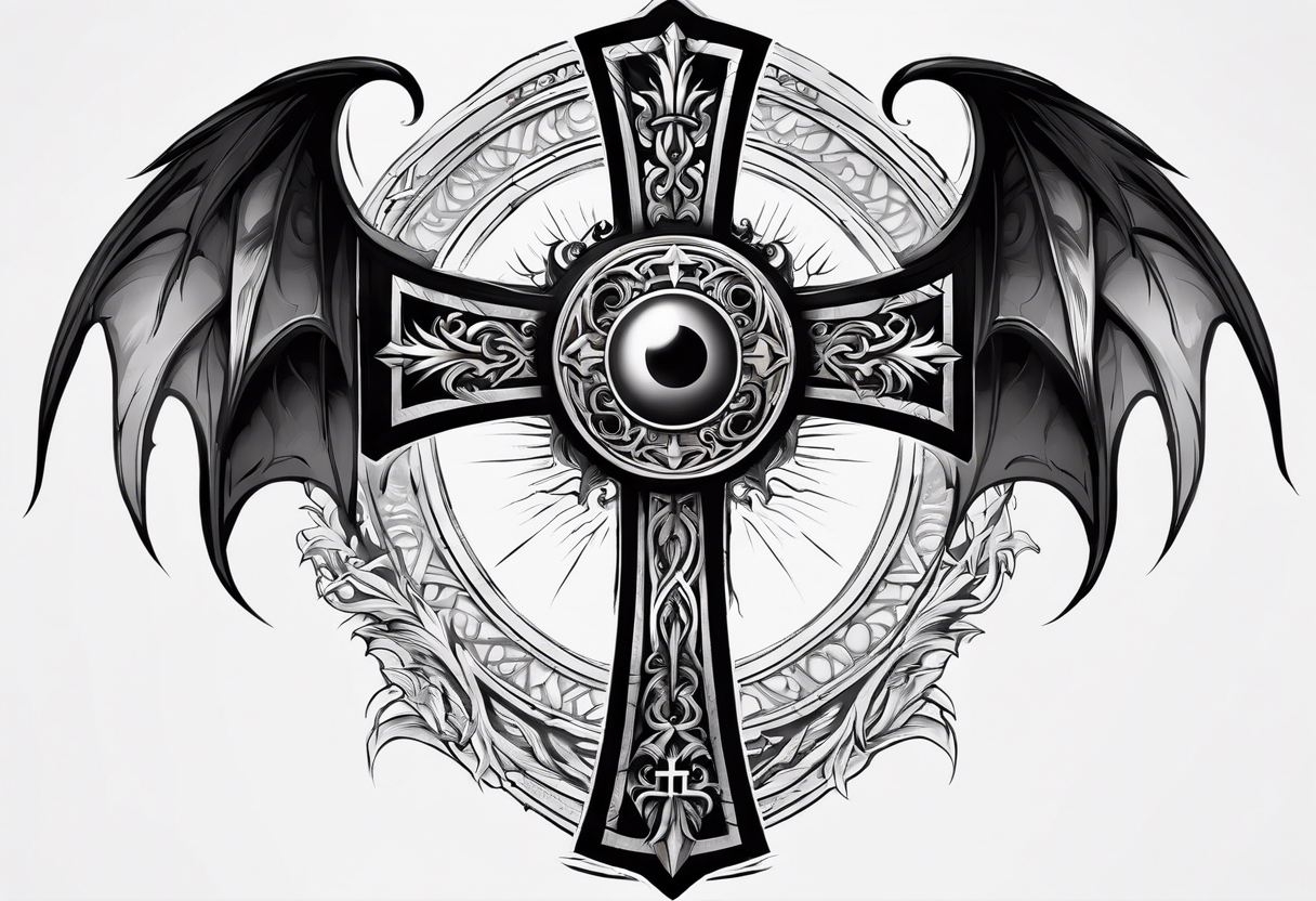 A Christian cross with sharp lower end imbedded into the ground that has roots growing from it. The cross is in the middle of two huge dragon wings. In the middle of the cross is an eye ball tattoo idea