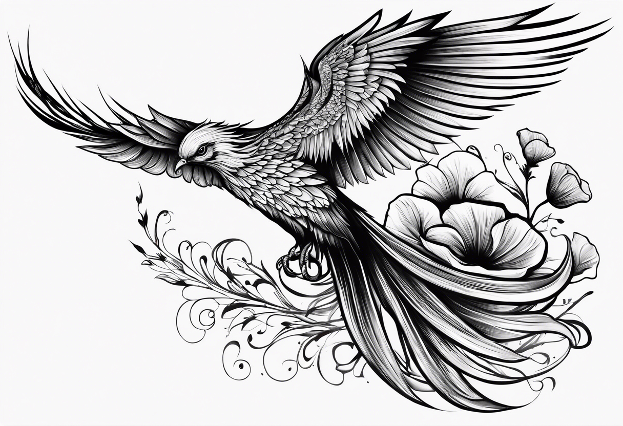 elongated phoenix in flight 
in profile long tail with claws holding poppies falling tattoo idea