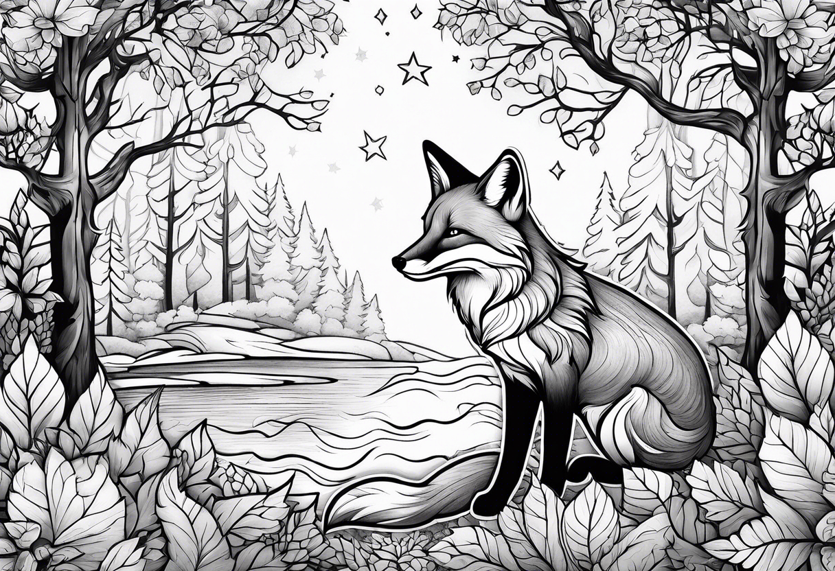 fox in a forest with stars tattoo idea