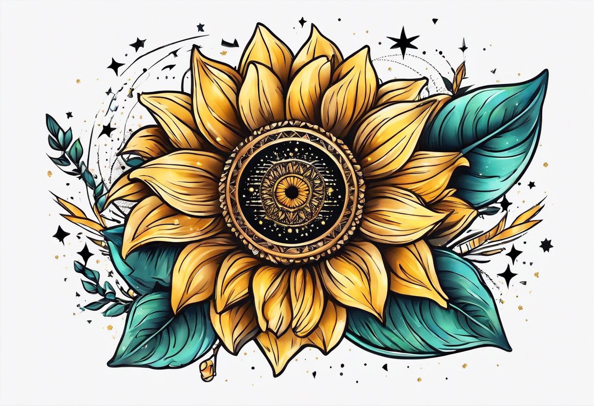 elegant small tattoo for hand with sunflower surrounded by circle of little stars and arrow tattoo idea