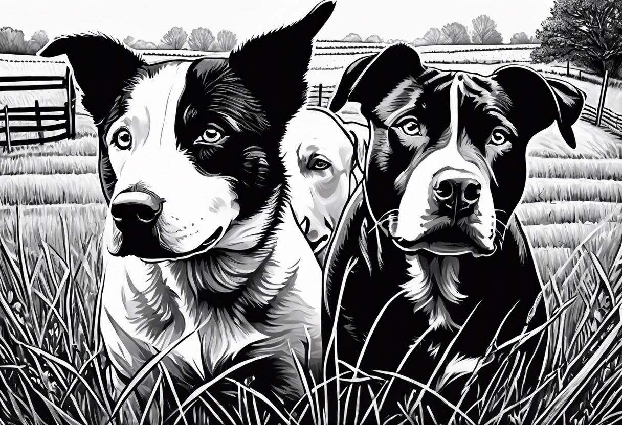 husky and pitbull looking through farm fence into cow field tattoo idea