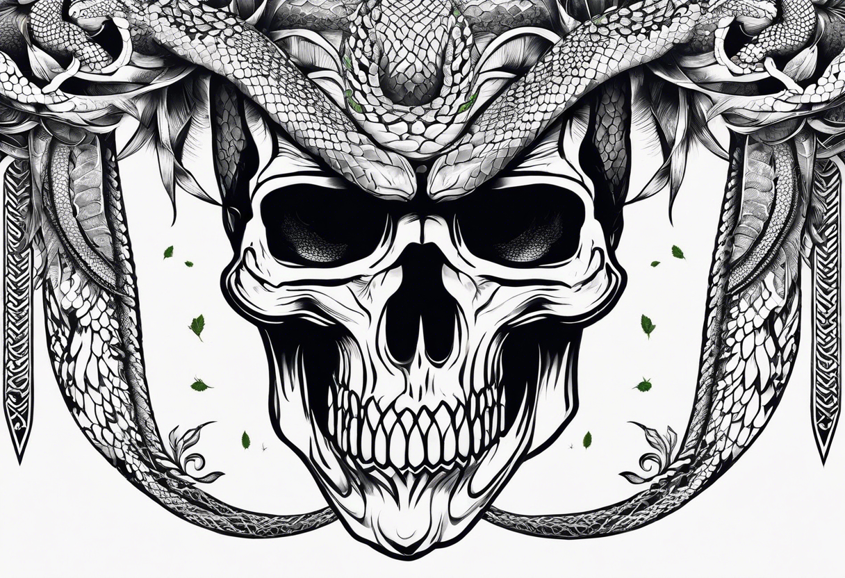 arm sleeve tattoo with a snake, gun, weed symbol that says HYDRA tattoo idea