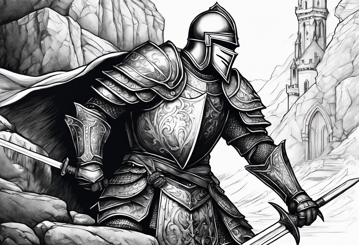 knight pulling out sword off stone tattoo idea