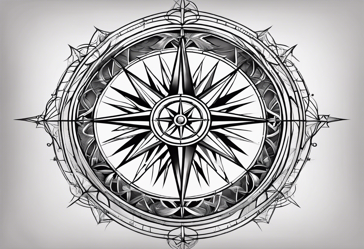 a classic compass rose as the central element,Overlaying the compass rose is a simplified molecular structure of serotonin tattoo idea