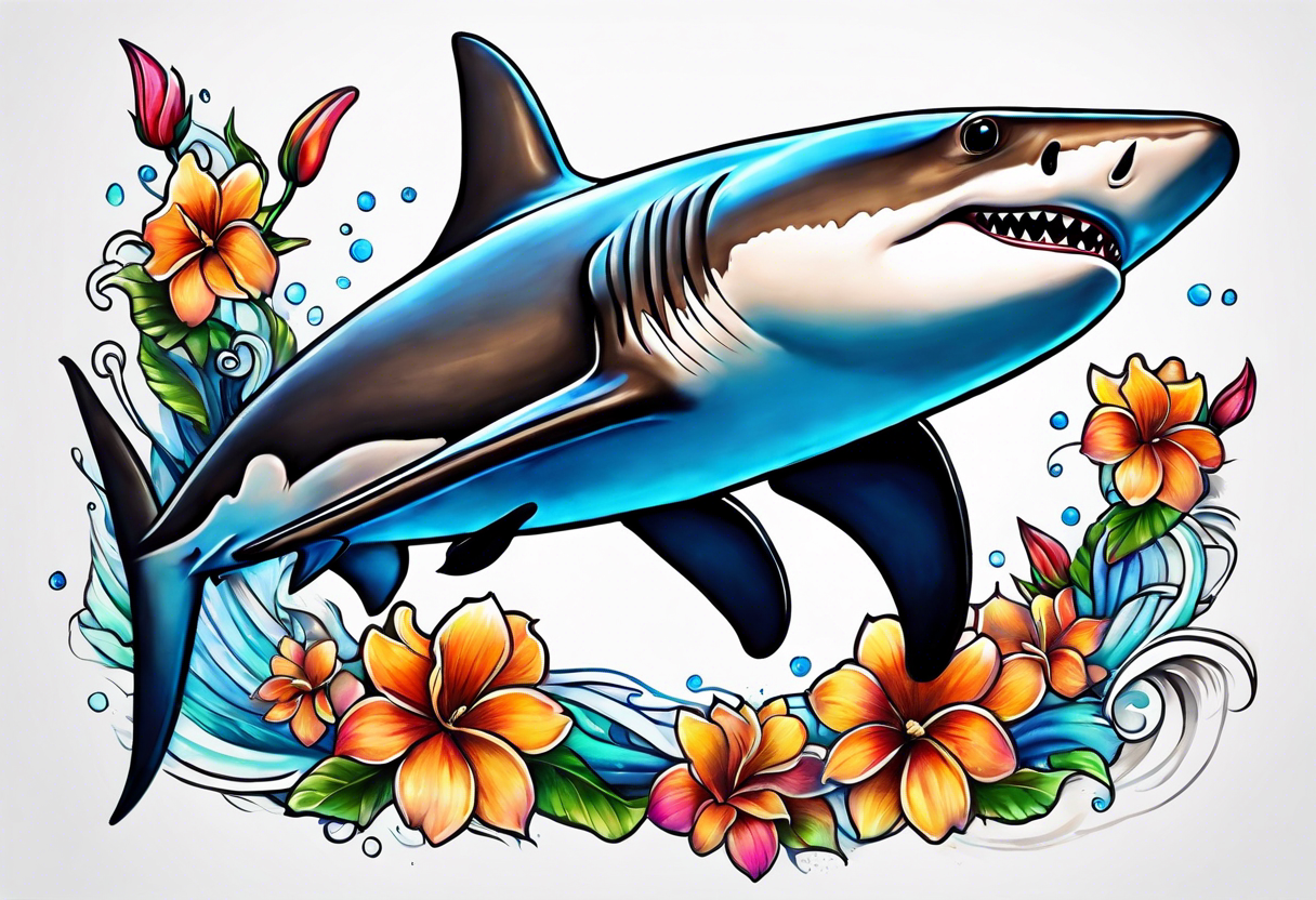 Hammerhead shark  with flowers tattoo idea