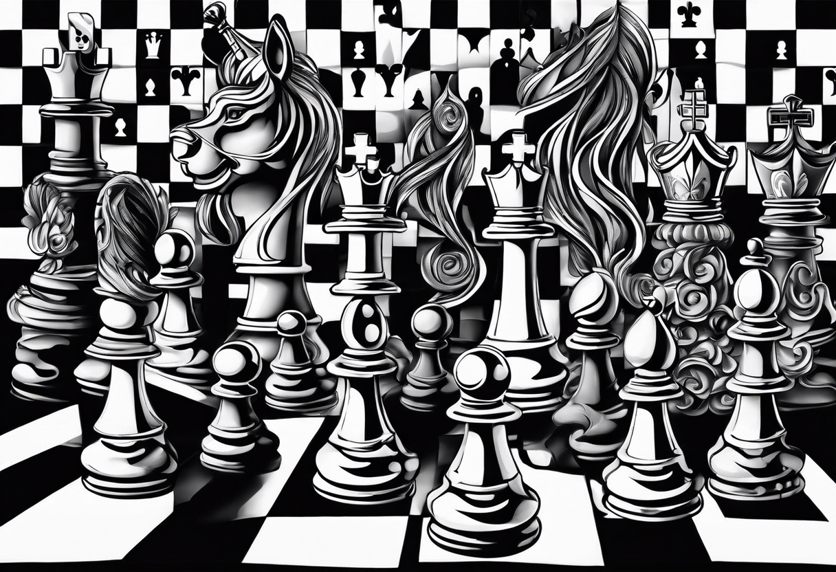 narrow rectangle strip made of chess queens and pawns holding hands tattoo idea